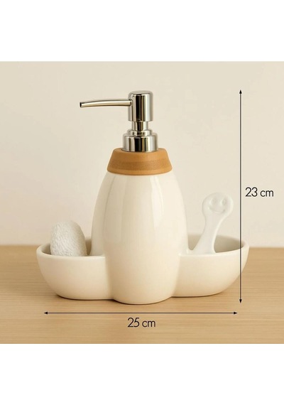 Porselen Beyaz Sıvı Sabunluk - Mutfak Tezgah Üstü - Fırça Ve Sünger Hediyeli - 500 Ml Beyaz