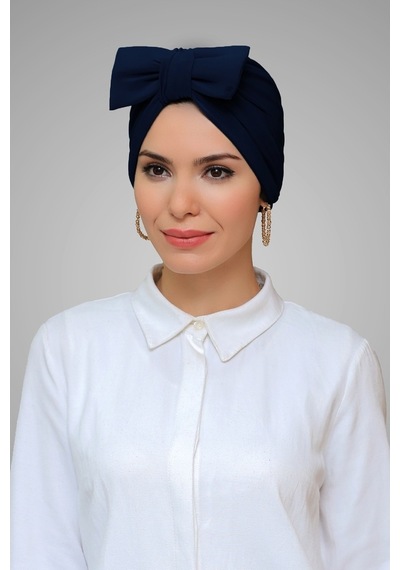 Hürrem Bone Lacivert Pratik Hazır Geçmeli Tesettür Bone Sandy Kumaş Fiyonklu Lacivert