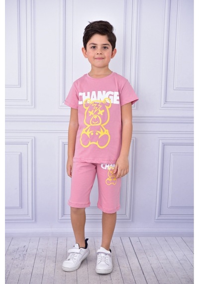Veramoni Unisex Change Baskılı Çocuk Kısa Kol Yazlık Beli Lastikli Cepli Şort Alt Üst Takım Pembe