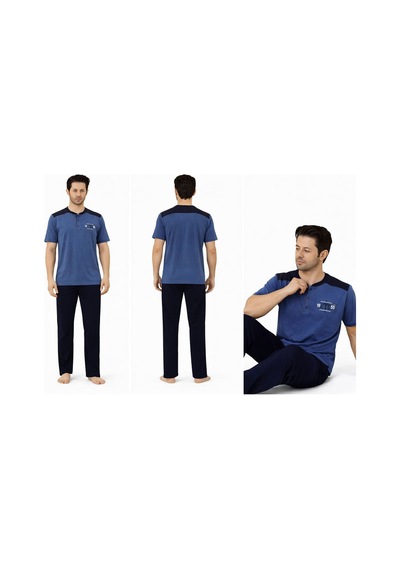 Gk Luxury & Fashıon Sude Erkek Pijama Takımı Kısa Kollu Alt Uzun - A300-05 Ve A301-1173-1 %100 Koton Mavi