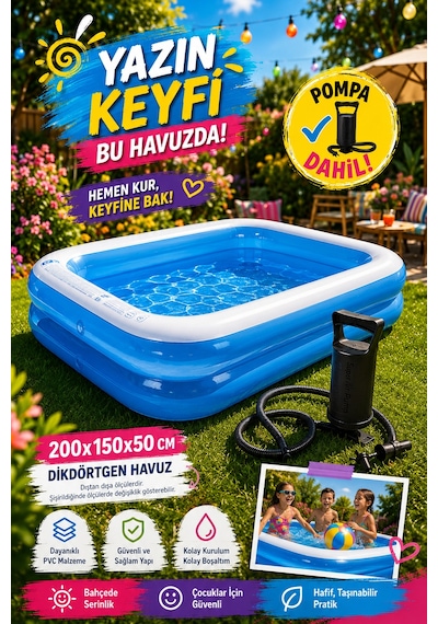200x150x50 Cm Dikdörtgen Şişme Havuz - 30 Cm El Pompası Dahil Mavi