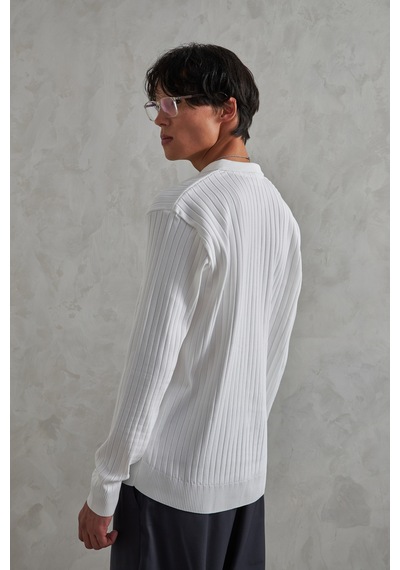 Erkek Polo Yaka Fitilli Oversize Triko Kazak Beyaz