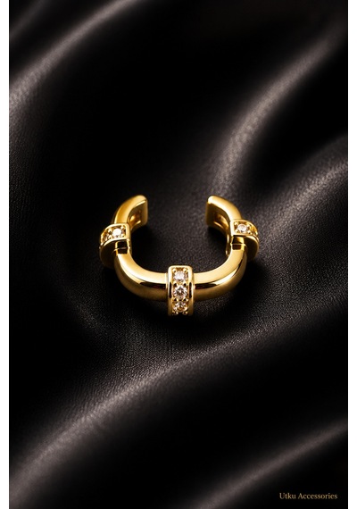 Gold Taşlı Çelik Kıkırdak Küpe Earcuff Altın