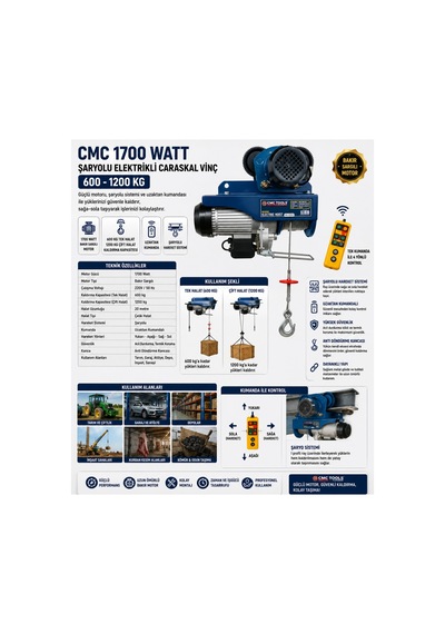 Cmc 1700 Watt Şaryolu Elektrikli Caraskal Vinç 600-1200 Kg