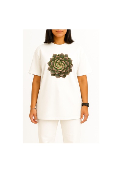 Bahriyeli Collection Oversize Echeveria Etli Bitki Cactaceae Houseleek Göğüs Tasarımlı Unisex T-shirt Beyaz