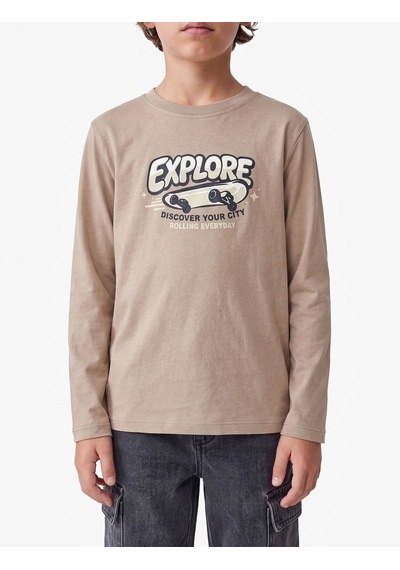 Koton Baskılı Kahverengi Erkek Çocuk Uzun Kollu T-shirt 7wkb10151tk