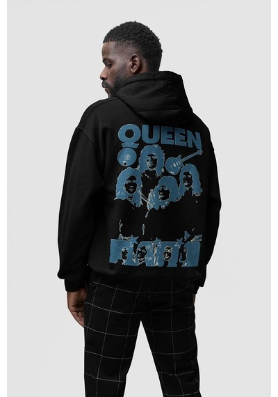 Sevbano Queen Baskılı Unisex Oversize Müzik Grubu Rock Metal Hoodie Siyah