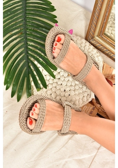 Fox Shoes Vizon Halat Ipli Hasır Kadın Sandalet K596012104