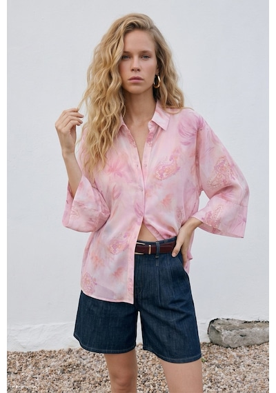 Sateen Yarasa Kol Desenli İnce Gömlek - Pembe-137689