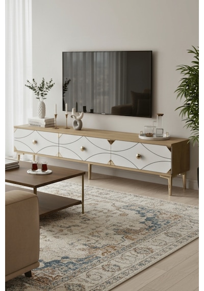 Tsa1897dbg - Alfa Tsa180 Tv Stand, Tv Sehpası Ve Tv Ünitesi Safirmeşe - Beyaz - Gold 180cm