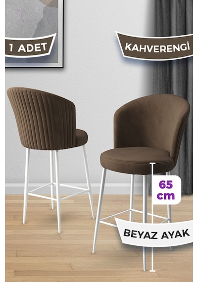Canisa Alte Serisi 1 Adet 65 Cm Kahve Ada Mutfak Bar Sandalyesi Babyface Kumaş Beyaz Metal Ayaklı Sandalye Kahvee Ayaklar Beyaz