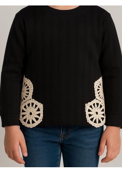 Kız Çocuk Motif İşlemeli Bluz-16287 Siyah