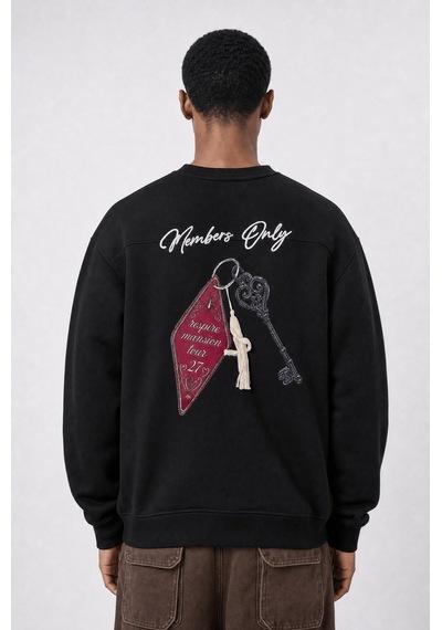 Respire Erkek Members Only Baskılı Oversize Sweatshirt Siyah