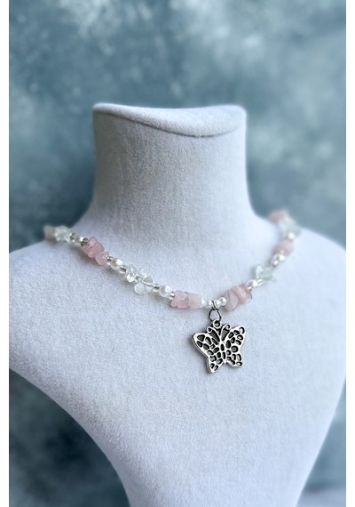 Pembe Kuvars Ve Kristal Kuvars Kelebek Kolye Standart