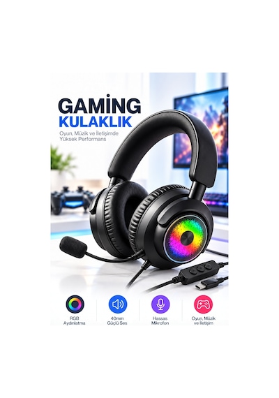 Oyuncu Kulaklığı Mikrofonlu Rgb Led Işıklı 3.5mm Type-c Pc Ps Xbox Uyumlu