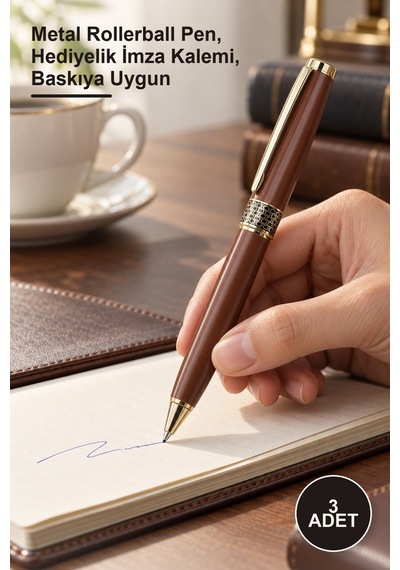 3 Adet Gold İşlemeli Kahverengi Metal Roller Kalem Metal Rollerball Pen, Hediyelik İmza Kalemi, Baskıya Uygun