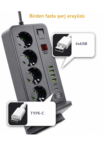 4'lü Priz Çoklayıcı Kablosuz Şarjlı 4 Usb + Type-c 3000w 24 Saat Dijital Zamanlayıcılı 2 Metre Kablolu Akıllı Priz 0 - 2 M