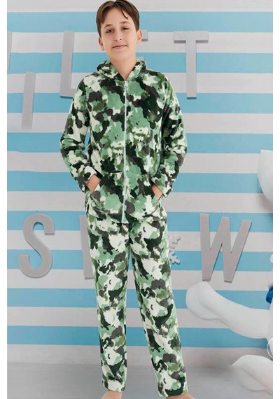 Aydoğan Erkek Genç Çocuk Kadife Kamuflaj Desen Pijama Takımı 240522 Yeşil Yeşil