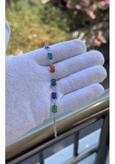 Gümüş Renk Renkli Zirkon Taşlı Özel Tasarım Bileklik 18 Cm