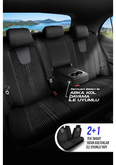 Siyah - Gri Garni Panda Monte Carlo Serisi Velor Kadife Kumaş Oto Koltuk Kılıfı - Tam Set