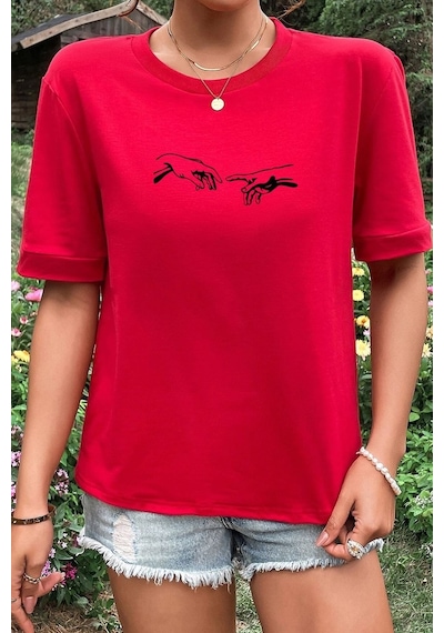 Unisex Michelangelo Baskılı T-shirt Kırmızı