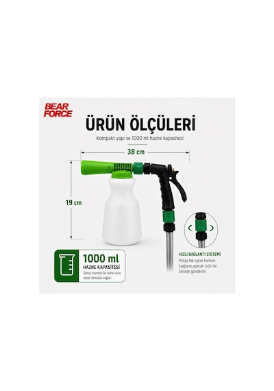 Robeve Bear Force 1000 Ml Bahçe Hortumuna Takılan Köpük Tabancası Oto Yıkama Köpük Aparatı Köpükleme Ve Durulama Modlu 1/2 Standart Hortum Uyumlu Araç, Motosiklet, Bisiklet Ve Bahçe Temizliği