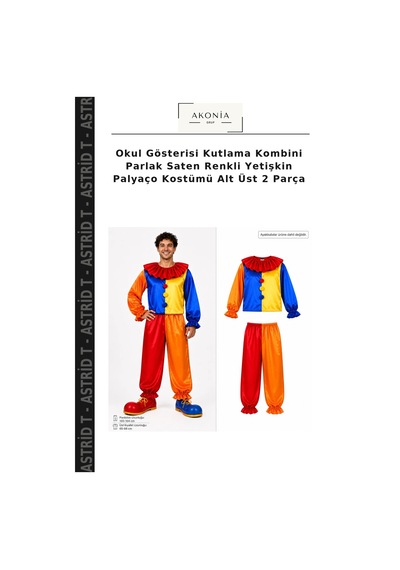 Okul Gösterisi Kutlama Kombini Parlak Saten Renkli Yetişkin Palyaço Kostümü Alt Üst 2 Parça