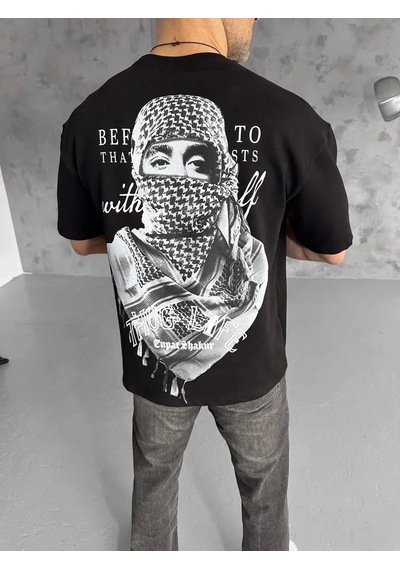 Erkek Kısa Kol Tişört Bisiklet Yaka Filistin Poşulu Baskılı T-shirt - Siyah
