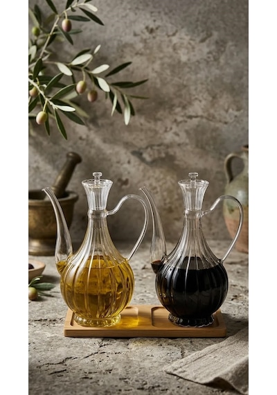 2li Cam Yağdanlık 750ml+750 Ml Glory Çizgili Bambu Stantlı Borosilikat Sirkelik El Üretimi Yağ, Sirke Ve Sos Şişesi Ç Şeffaf