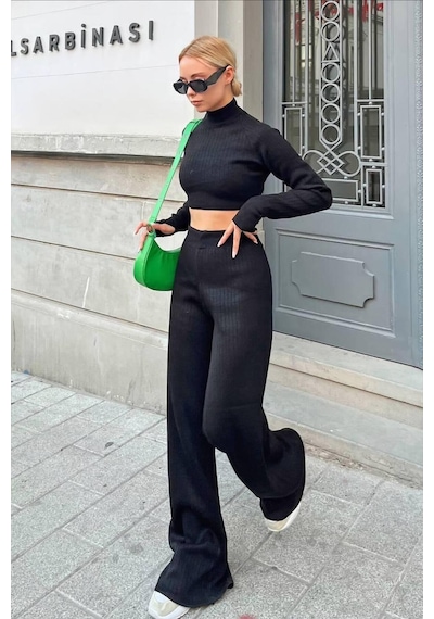 Demora Butik Parmak Geçmeli Triko Takim 2 Li Siyah