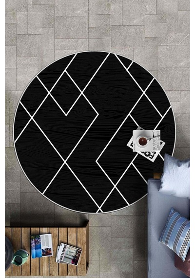 West Home Dijital Baskı Yıkanabilir Kaymaz Taban Siyah Yuvarlak Salon Halısı Mutfak Halısı Yolluk Wh 533 Black Yuvarlak