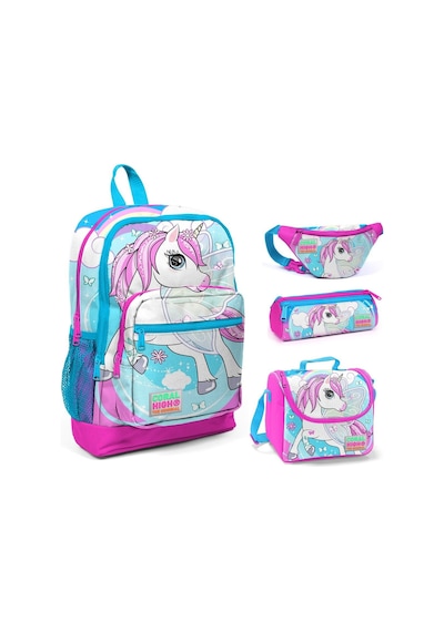 Coral High Pembe-mavi Unicorn Baskılı Kız Çocuk 4'lü İlkokul Çanta Seti