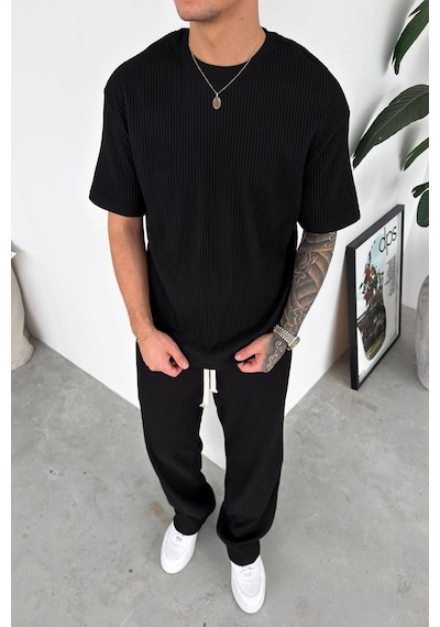 Siyah Ottoman Kumaş Oversize Tişört