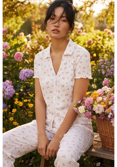 Siyah İnci Yakalı Düğmeli Fitilli Kaşkorse Örme Pijama Takım 26120501 Beyaz Somon