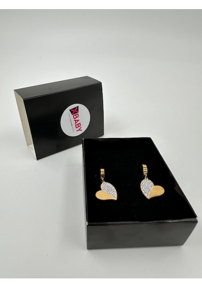 Xbaby Yarısı Taşlı Kalp Gold Küpe