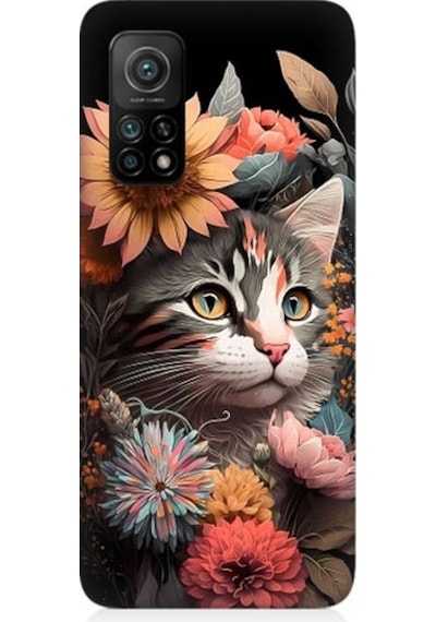 Xiaomi Mi 10t Uyumlu Çiçekler Ve Kül Gri Kedi Desenli Silikon Kılıf