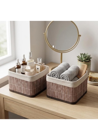 Lexroo Bambu Çok Amaçlı Saklama Kutusu Düzenleyici Kare Organizer, Dekoratif Bambu Düzenleyici Gri