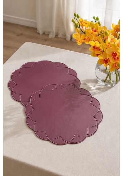 Nakışlı Deri Amerikan Servis 2'li Set Çift Taraflı Yuvarlak Supla 40x40 Cm Vance Bordo