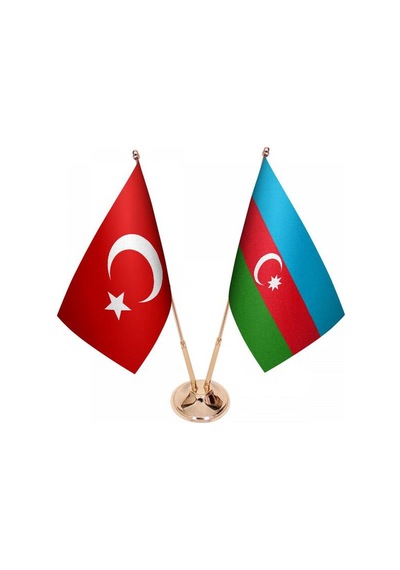 Masa Üstü Azerbaycan Bayrağı Türk Bayrağı İkili Pirinç Direk Masa