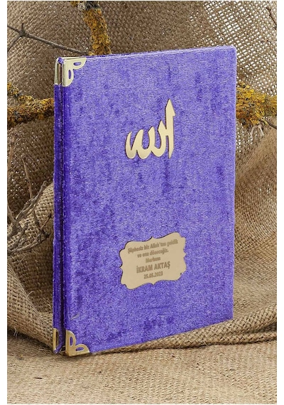 25 Adet - İsme Özel Kadife Kaplı Yasin Kitabı - Mevlüt Hediyesi - Çanta Boy - 128 Sayfa - Mor Mor