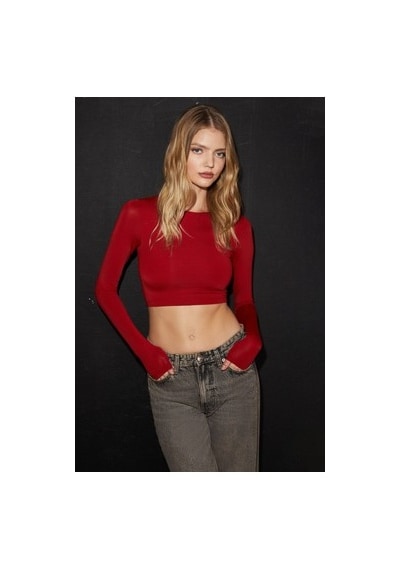 12storeez Esnek Uzun Kollu Kırmızı Kadın Crop Üst Modelleri İle Stil Acı kahve
