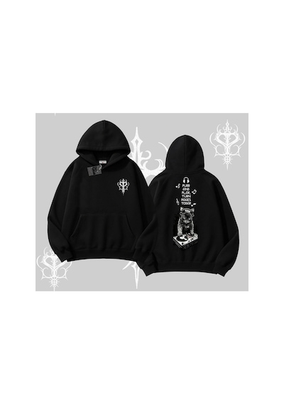 Tarzsokak Dj Kedi Baskılı Müzik Temalı Kapşonlu Sweatshirt Siyah