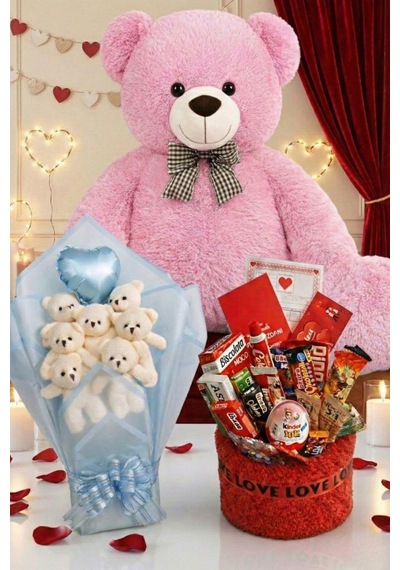3 Lü Kadınlar Günü Hediye Seti 90 Cm Peluş Ayı, Love Çikolata Sepeti & Mavi Peluş Ayıcık Buketi 83560051