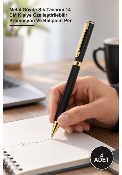 4 Adet Siyah Metal Tükenmez Kalem Metal Gövde Şık Tasarım 14 Cm Kişiye Özelleştirilebilir Promosyon Ve Ballpoint Pen -
