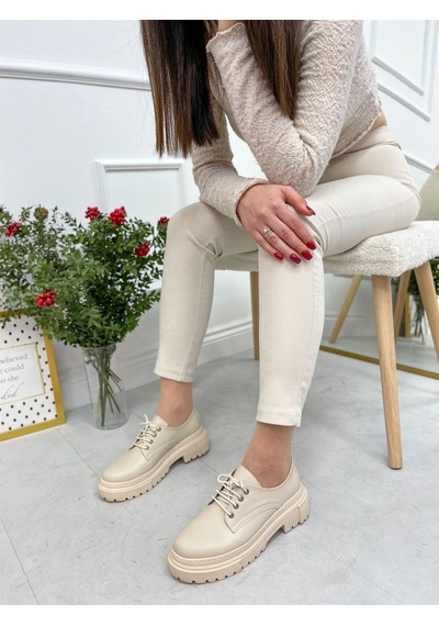 Erva'nın Butiği Bej Cilt College Kadın Bağcıklı Loafer-4094
