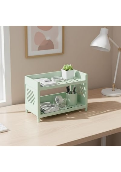Çok Amaçlı 2 Katlı Organizer Raf Açık Yeşil Plastik Düzenleyici Stand Banyo, Mutfak, Masaüstü Ve Ofis İçin 25 X 18 Cm