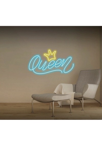 Queen Yazılı Taç Figürlü Neon Tabela Turkuaz