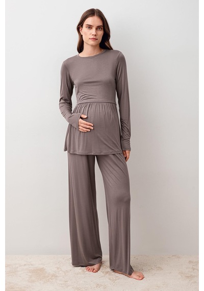 Artış Collection Uzun Kollu Esnek Likralı Viskoz Hamile Pijama Takım 20212 Vizon