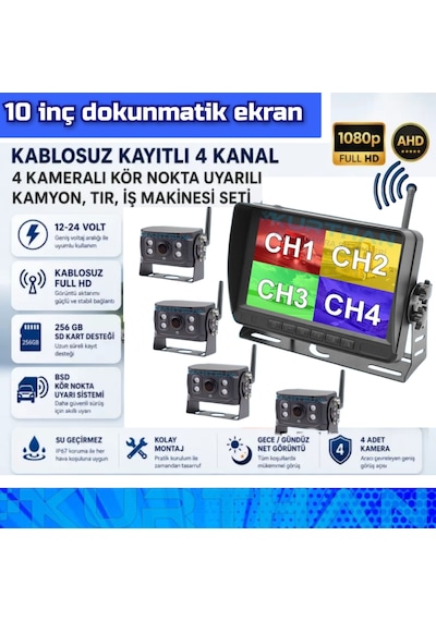 10 İnç Dvr 4 Kameralı Kablosuz Dokunmatik Ahd 1080p Bsd Kör Nokta Uyarı 12 24 Volt