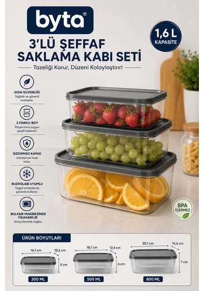 3'lü Dikdörtgen Gıda Saklama Kabı Seti 300 Ml + 500 Ml + 800 Ml Bpa Free Kapaklı Şeffaf Saklama Kabı Buzdolabı Uyumlu Karışık Renk Gönderilir Şeffaf